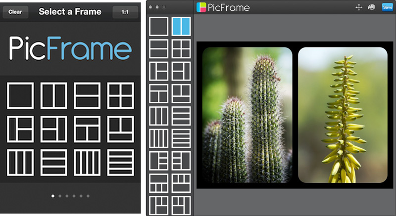 The mobile version (left) and desktop (right) over many layout templates.