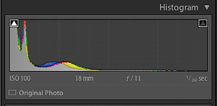 This histogram shows a spike on the left edge indicating shadow clipping.