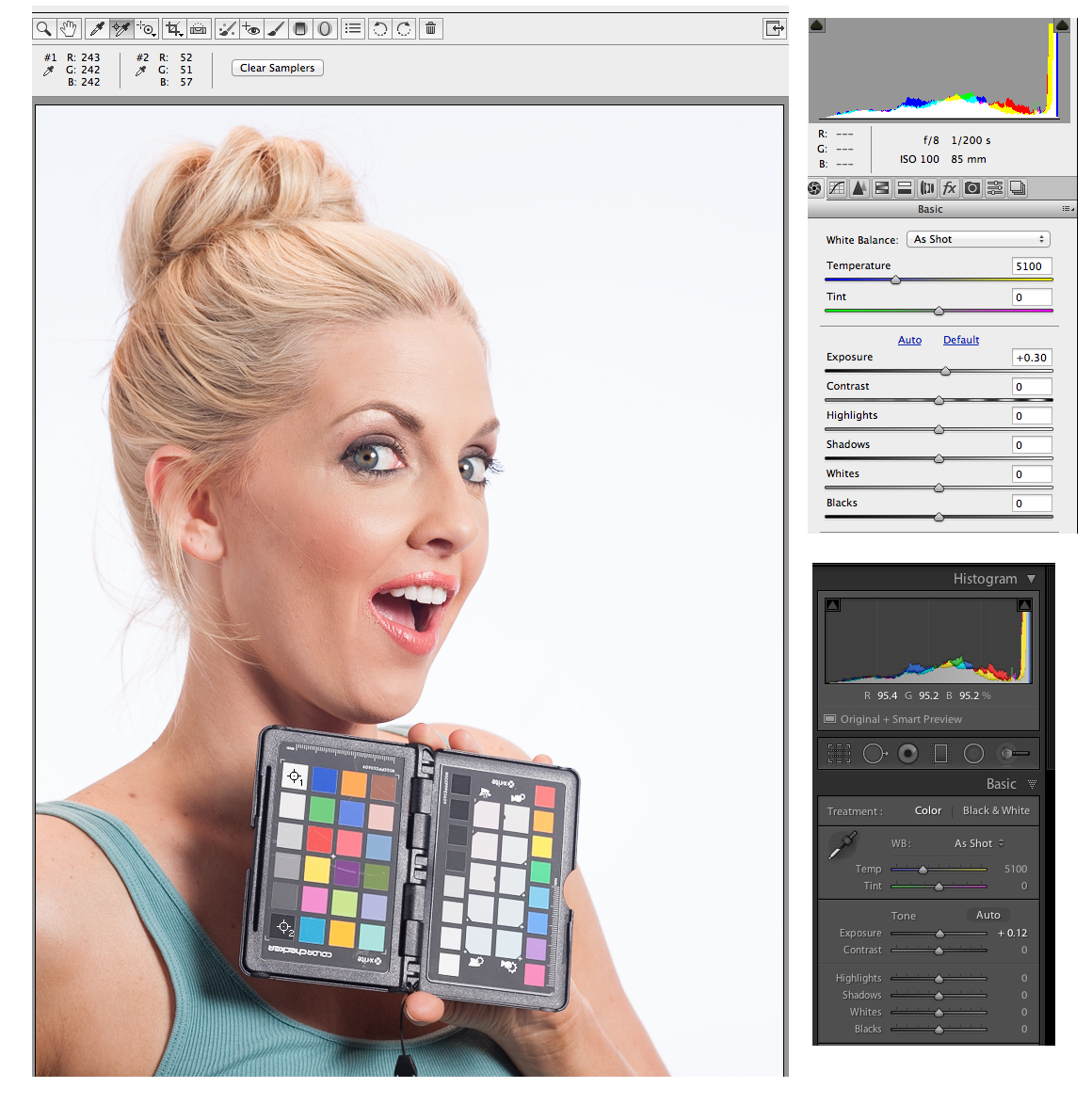 Adding a third of a stop of exposure in Camera Raw or .12 in Lightroom hits the target numbers.