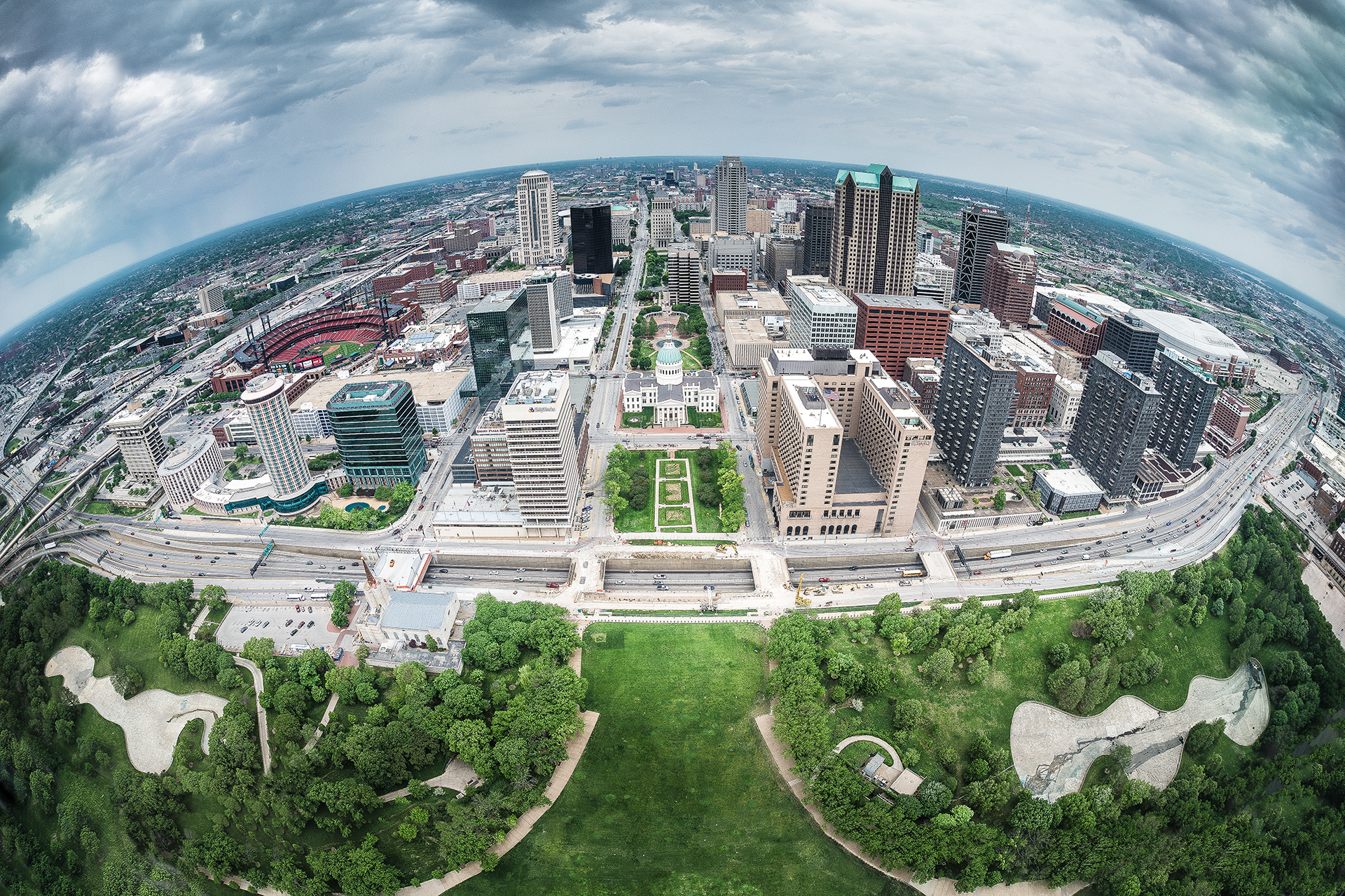 Downtown St. Louis, MO photographed from the observation lobby at the top of the Gateway Arch.