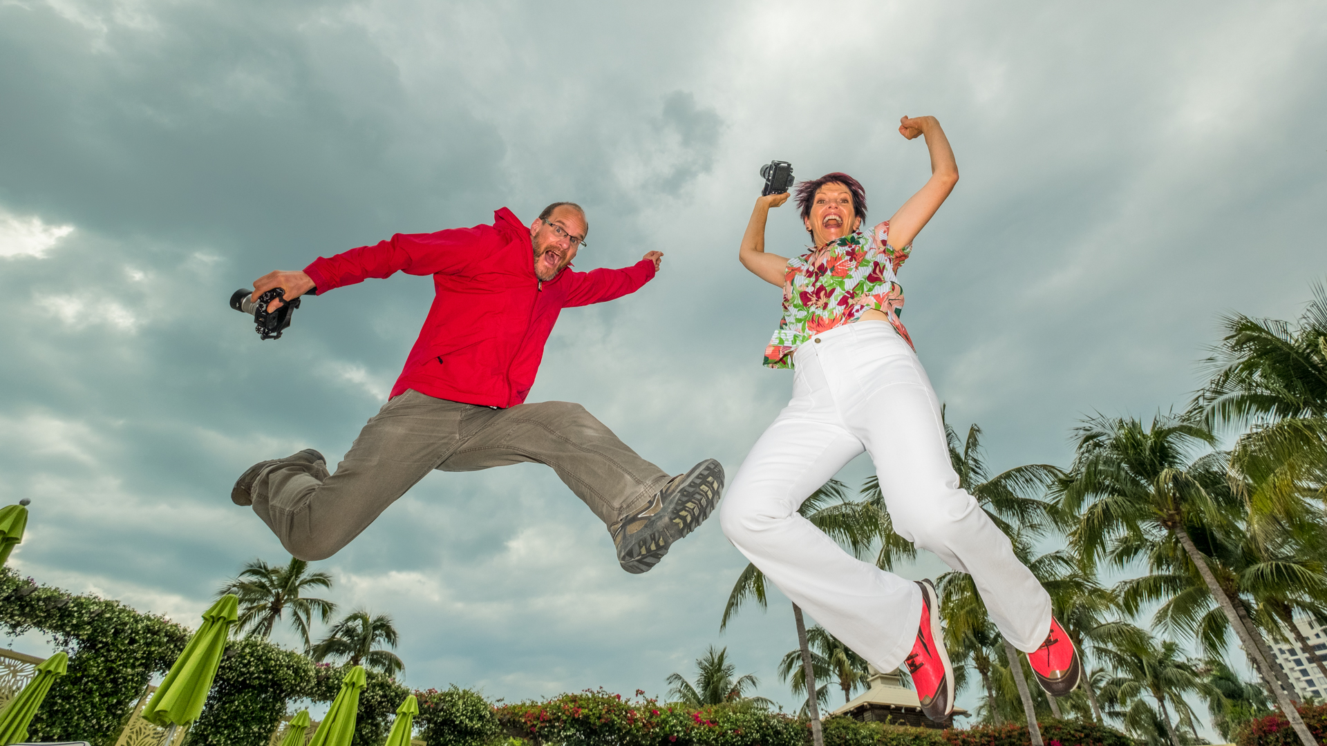 LANE9760-Edit (2) Dan Bailey and Karen Hutton, Fujifilm X Team Photographers, jumping for joy in Florida