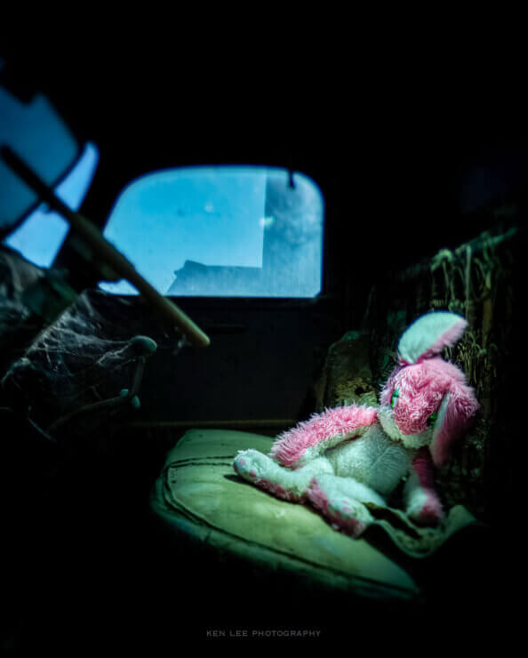Bunny inside abandoned truck Halloween night
