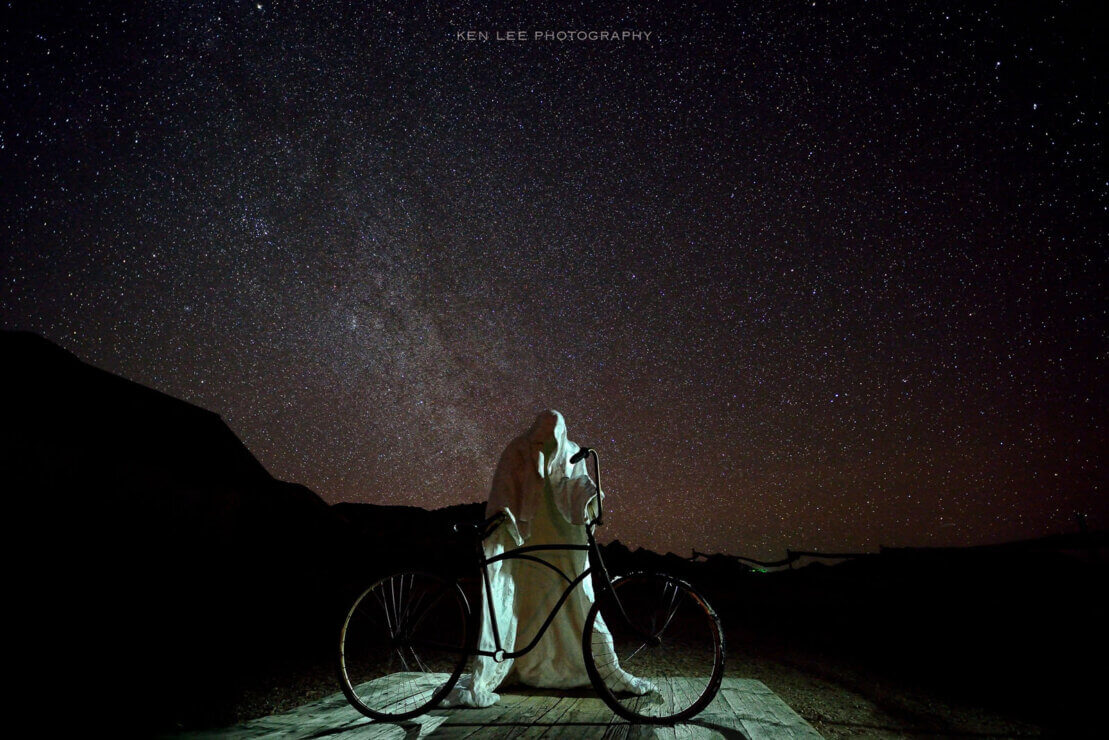 A ghost with a bicycle, a surreal image, Goldwell Open Air Museum near Rhyolite, Nevada.