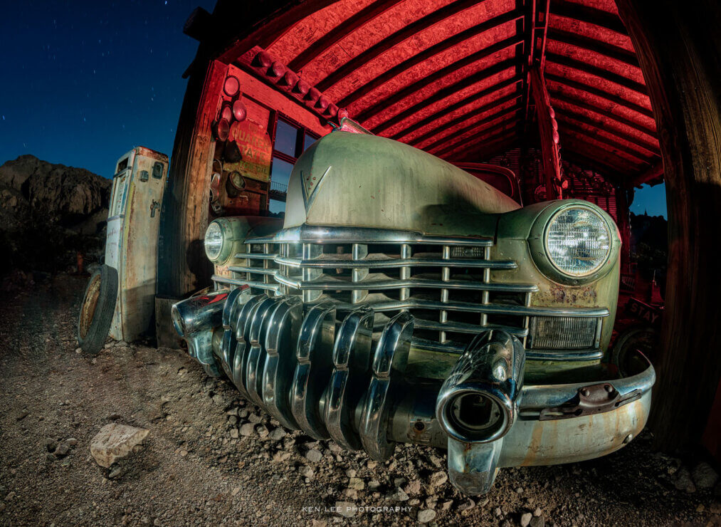 Night photo with handheld light painting during the exposure, Nelson Ghost Town, NV.
