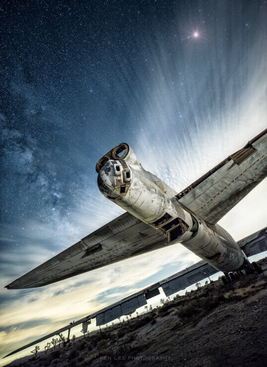 Night photo of an abandoned airplane. Handheld lighting during the exposure.