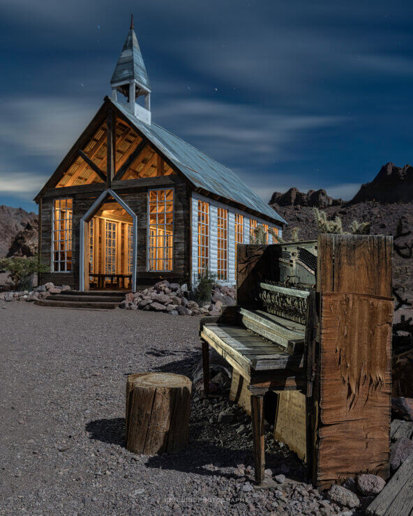 Night photo with light painting in Nelson ghost town, Nevada, where we will be holding a night photography workshop in May 2023.