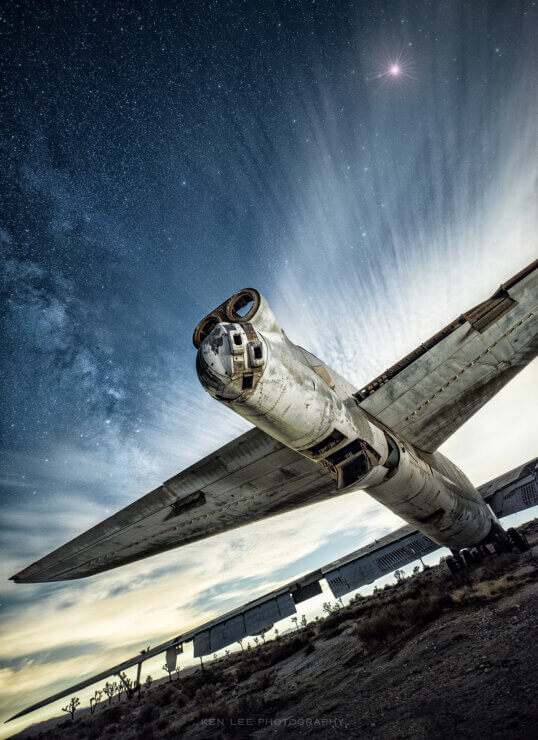 Abandoned airplane with the glorious Milky Way overhead. Cover for first book.