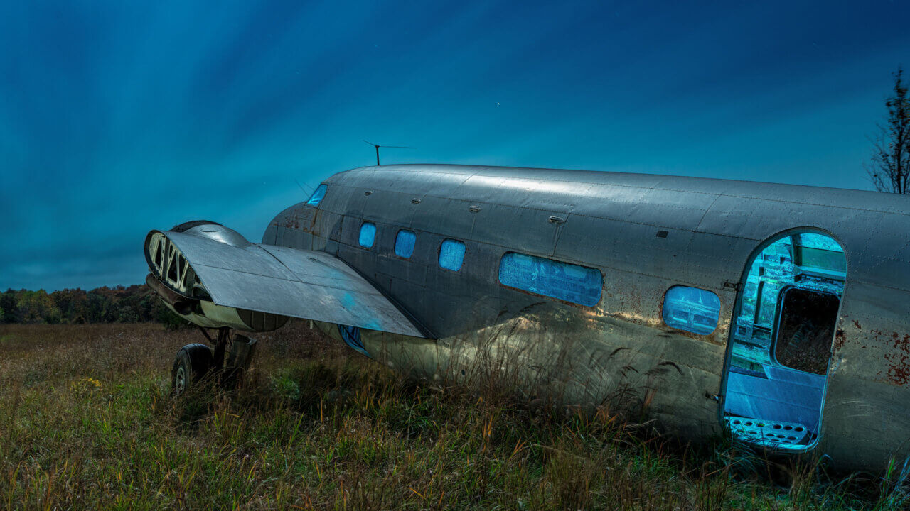 Abandoned airplane, Kansas. I used a handheld light to light paint this airplane during the exposure.
