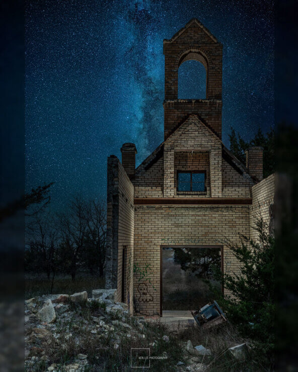 An abandoned church, rural Kansas. I used a handheld light to light paint from numerous angles during the exposure.