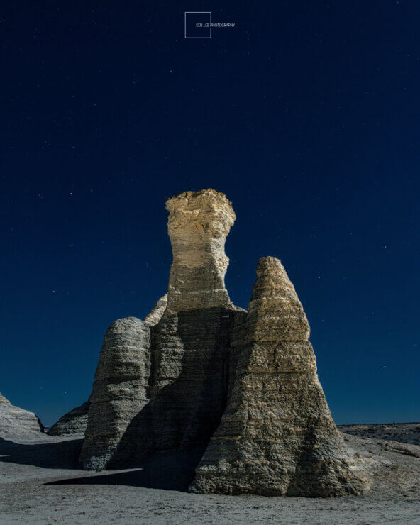Monument Rocks, Kansas. I used a handheld light to light paint from numerous angles during the exposure.