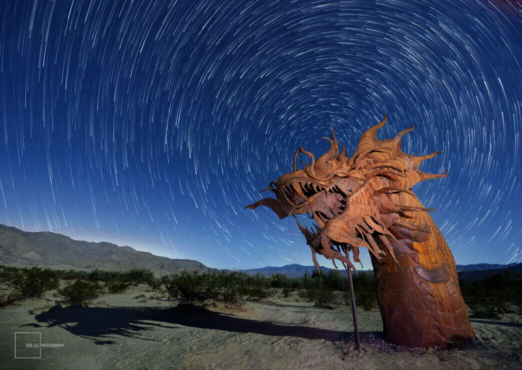 Amazing sculptures of Borrego Springs underneath the starry desert sky at night.