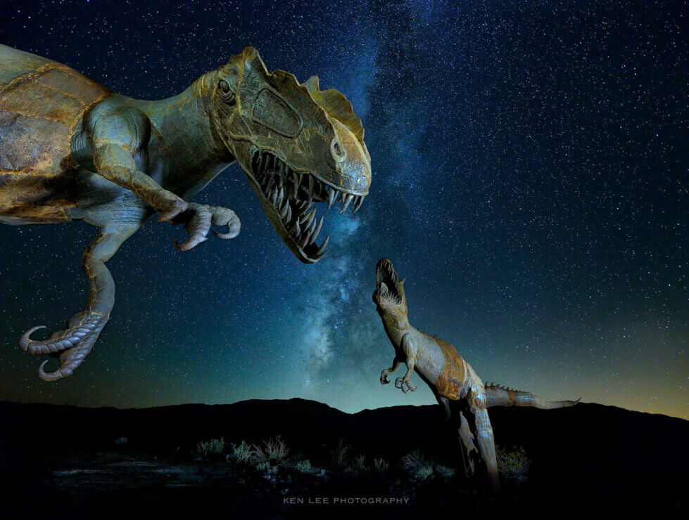 Amazing sculptures of Borrego Springs underneath the starry desert sky at night.