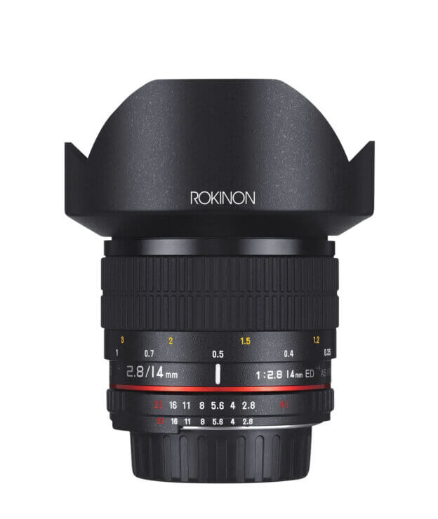 Rokinon 14mm f/2.8 ultra wide angle lens.